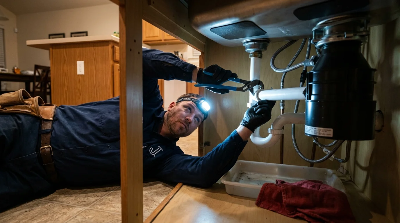 P-trap and supply line connections under a kitchen sink showing a common leak point in Linden, NJ